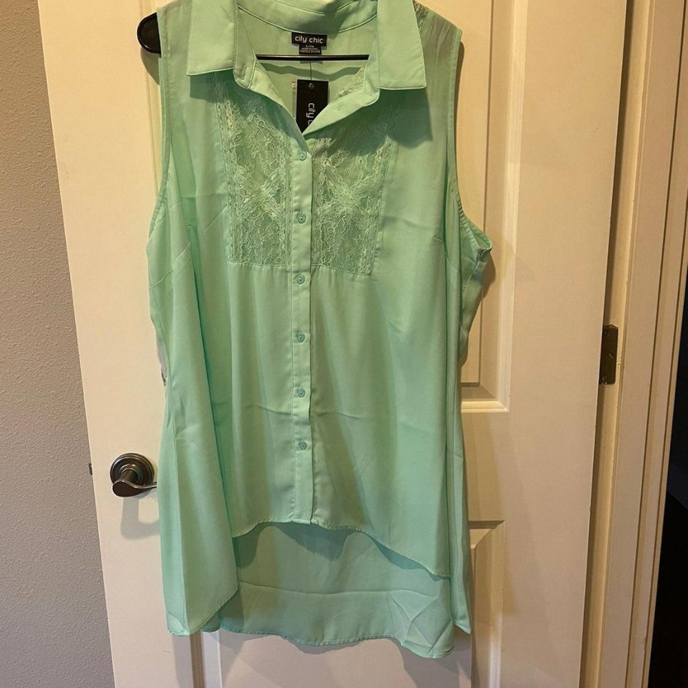 City Chic Mint Green Sleeveless Lace Bib High Low Button Down Top NWT Size L/20